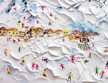 Impresionismo Painting - Esquiador en la montaña nevada Arte de la pared Deporte Decoración de la habitación de esquí en la nieve blanca por Knife 17 detalles